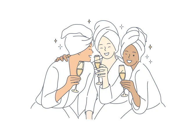 Friendship Beauty Recreation Drink Concept Young Happy Multiracial Women Girls Friends Holding Glasses With Champagne In Hotel Together Bride And Bridesmaid Celebrating Bachelorette Spa Party Illustration