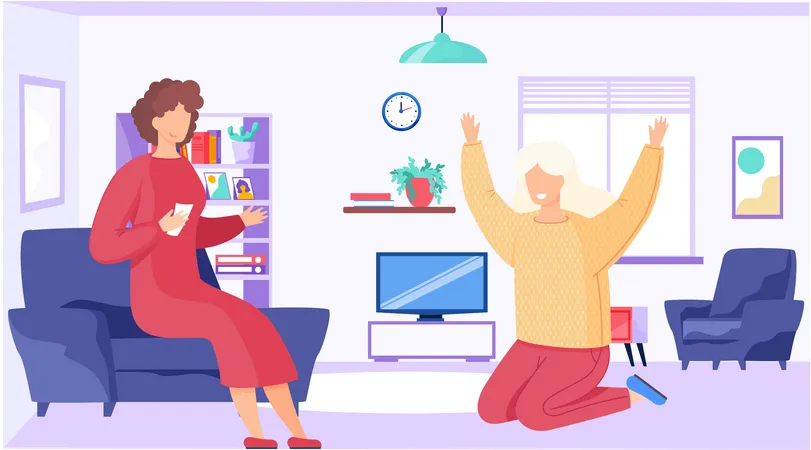 Girls Are Having Fun And Play Games At Home The Beautiful Woman In Red Pants Is Sitting On Her Knees And Happily Raises Her Hands Up With Smile Woman Sitting On A Chair With A Winning Ticket Illustration