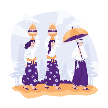 Balinese Traditional Melasti Ceremony Celebrate Nyepi Day Illustration Illustration
