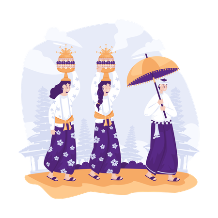 Girls are performing Melasti ceremony  イラスト