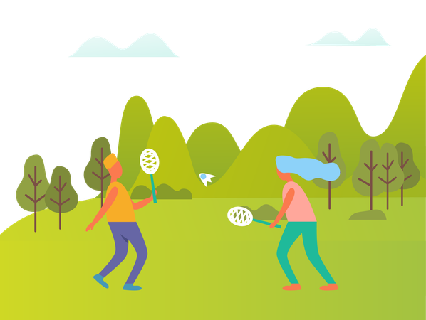 Girls are playing badminton in park  Illustration