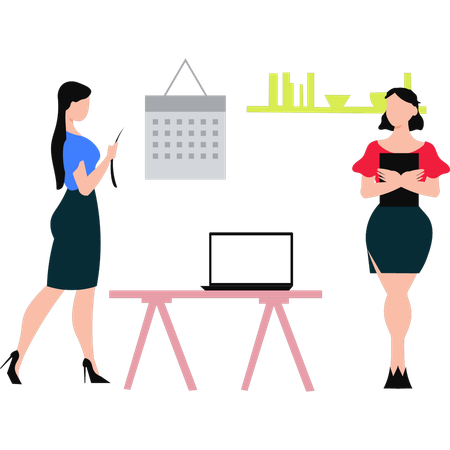 Girls are standing in the workplace  Illustration