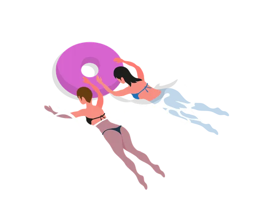 Girls are swimming using inflatable ring  Illustration