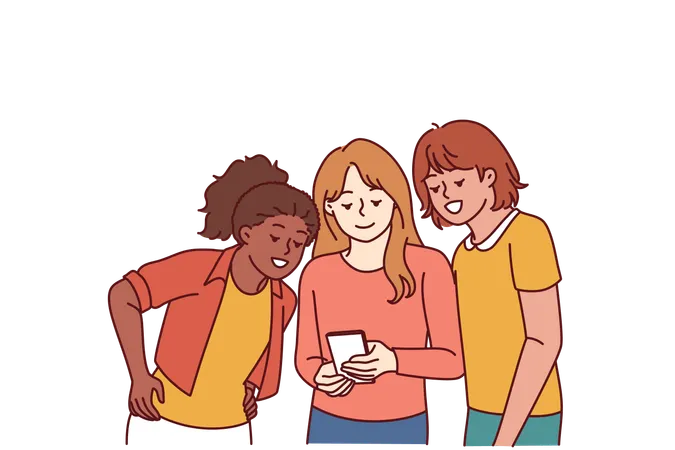 Teenage Girls Look At Mobile Phone And Laugh At Interesting Video Found On Internet Happy School Age Girls With Smart Phone Are Passionate About App And Online Games Allowing To Have Fun Illustration