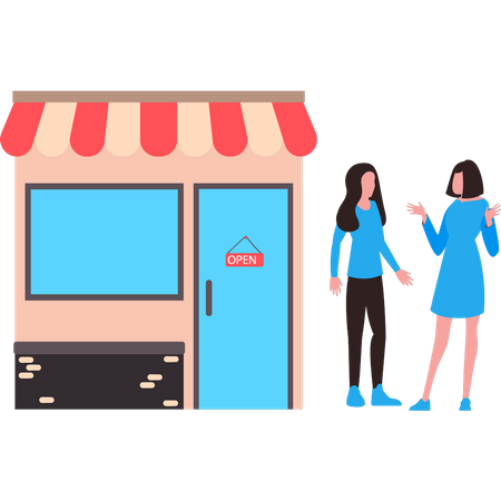 Girls are talking outside a shop  Illustration