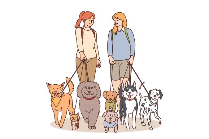 Girls are talking their pet dogs on walk  Illustration