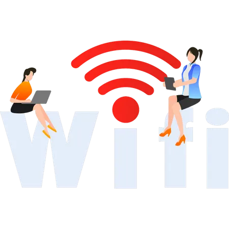 Girls Are Using WIFI In Laptop Illustration