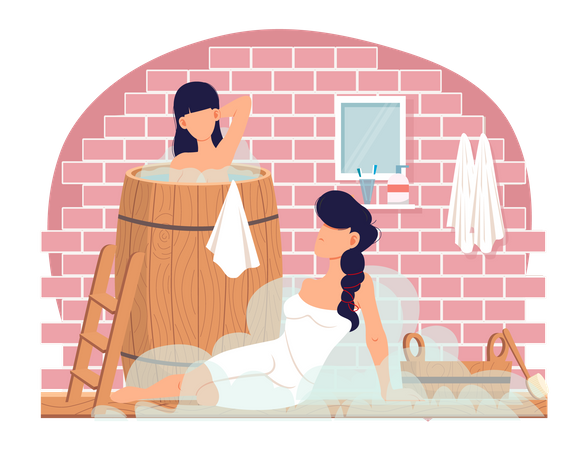 Girls are washing body and spending time together Illustration