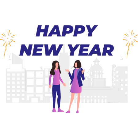 Girls are wishing each other Happy New Year  Illustration