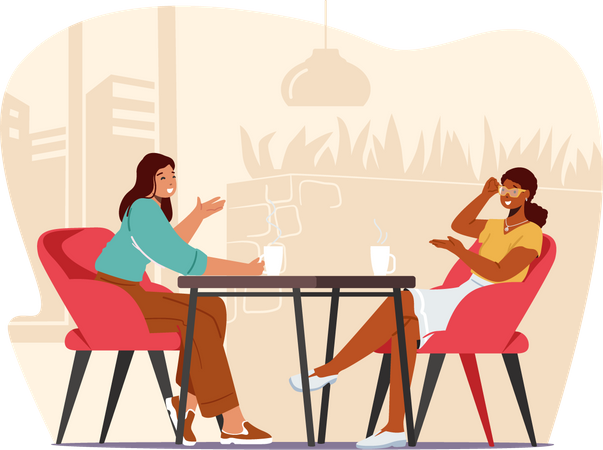 Girls at cafe having coffee and conversation Illustration
