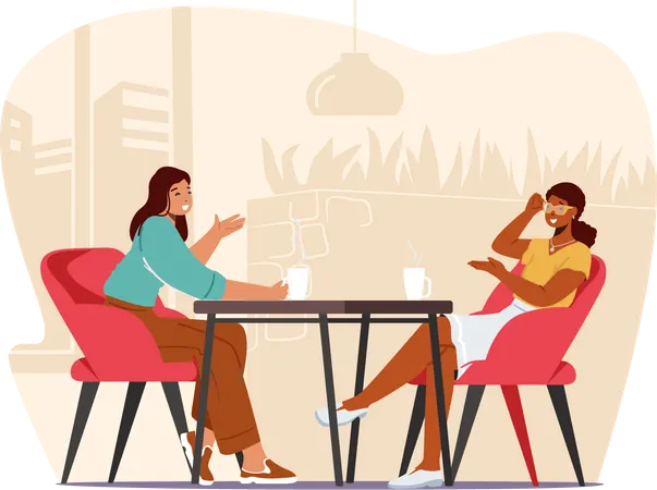 Young Pretty Girls Sitting In Cafe Chatting Telling Gossip And News To Each Other Girlfriends Meeting And Relaxed Spare Time Students Or Office Workers Coffee Break Cartoon Vector Illustration Illustration