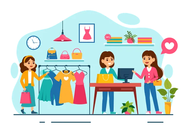 Girls at clothes shop for buying clothes  Illustration