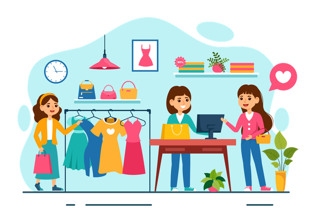Girls at clothes shop for buying clothes  イラスト