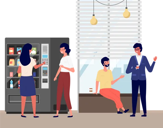 Business People Taking Coffee Break Girls Are Buying Food From Vending Machine Guys Sit And Communicate Office Employees Flat Vector Illustration Colleagues Spend Time In The Office Together Illustration