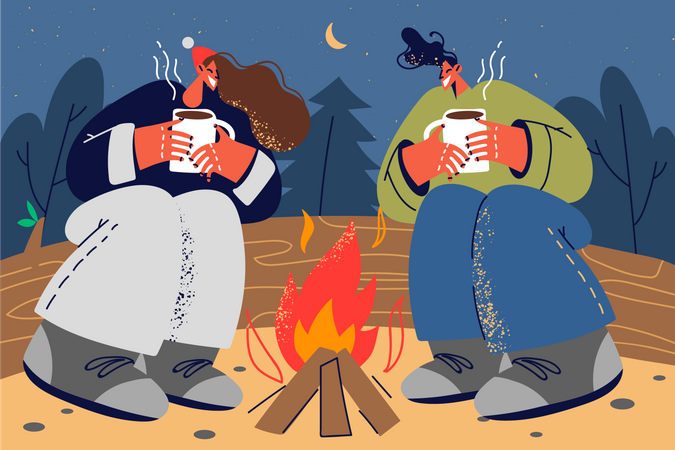 Girls camping together  Illustration