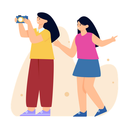 Girls Capturing Photos  Illustration