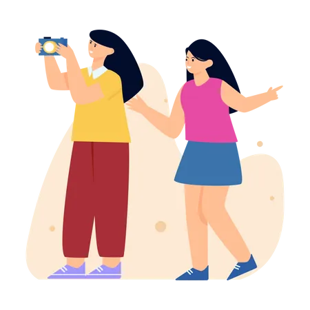 Girls Capturing Photos  Illustration