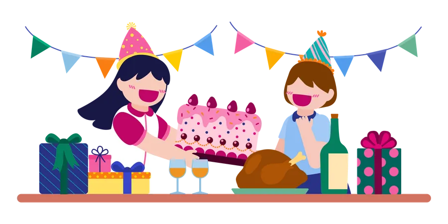 Cartoon Birthday Party People Man And Woman Has Birthday Party At Home Birthday Party Decoration With Balloon And Shoot Colorful Confetti Party Has Food Drink And Cake Celebration Cartoon Vector Illustration In Flat Style Illustration