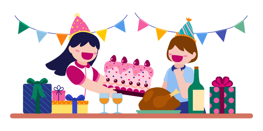 Girls celebrating birthday  Illustration