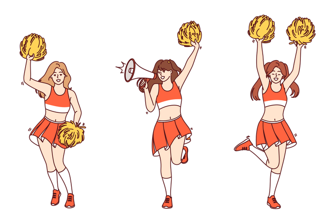 Girls cheerleaders jump and wave pom-poms in arms  Illustration