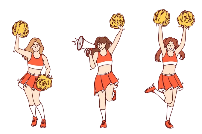 Girls Cheerleaders Jump And Wave Pom Poms In Arms Supporting Fans Of Sports Football Team Female Cheerleaders With Megaphone In Skirts And Tops Perform Before Start Of Baseball Tournament イラスト