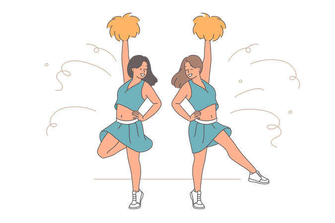 Girls cheerleaders with pumpons on their hands jump to support football team in important match  Illustration