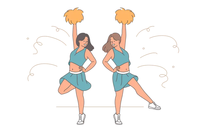 Girls cheerleaders with pumpons on their hands jump to support football team in important match  Illustration