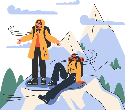 Girls climbing top point of montain  Illustration