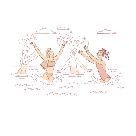 Girls Dancing In Sea Enjoying Summer Vacation Beach Party Fun Celebration Banner Summertime Relax Outdoor Activities Entertainment Concept Cartoon Sketch Flat Vector Illustration Illustration
