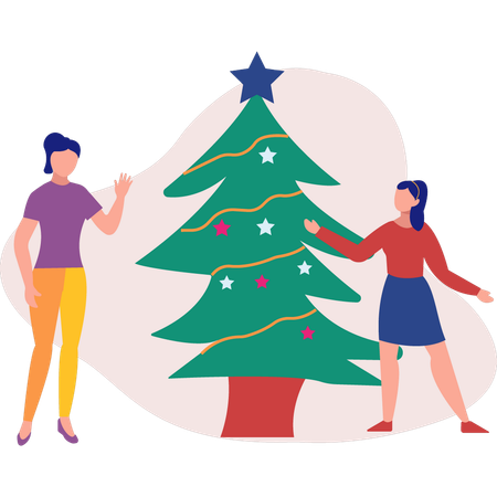 Girls decorated christmas tree  Illustration