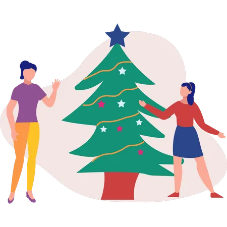 Girls decorated christmas tree  Illustration