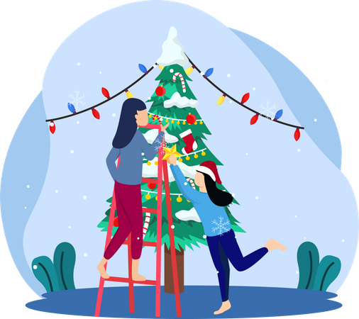 Girls decorating christmas tree  Illustration