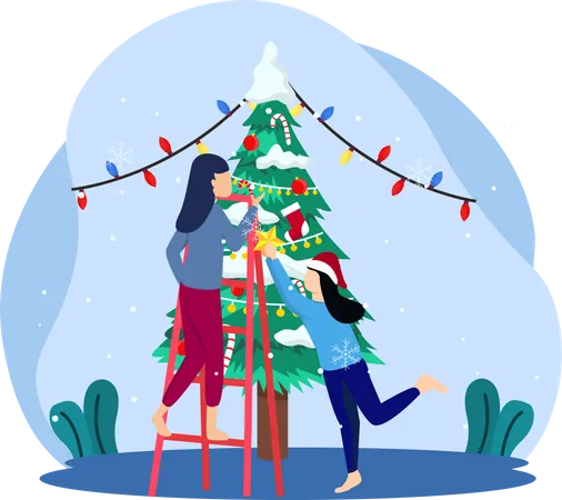 Girls decorating christmas tree  Illustration