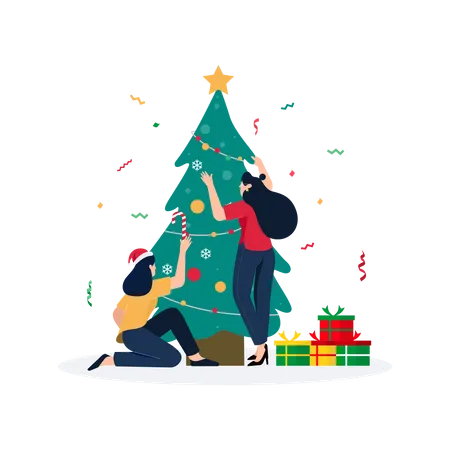 Girls decorating Christmas tree  Illustration