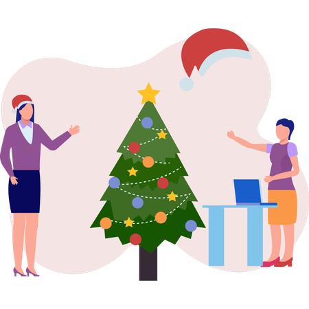 Girls decorating tree  Illustration