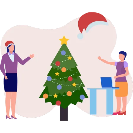 Girls decorating tree  Illustration