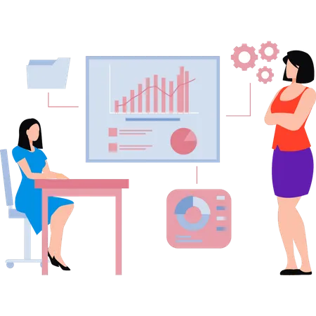 Girls Discussing Business Graphs Illustration
