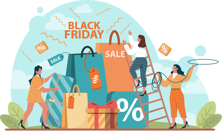 Girls doing black friday shopping  Illustration