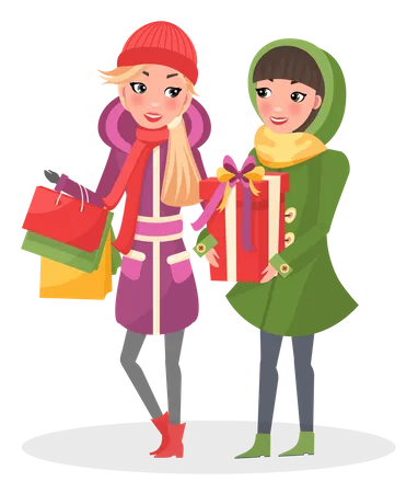 Women In Warm Winter Cloth Do Shopping Together Two Girls With Christmas Packs Wrapped Gift Boxes Buy Xmas Presents On Sale Cartoon Vector People イラスト