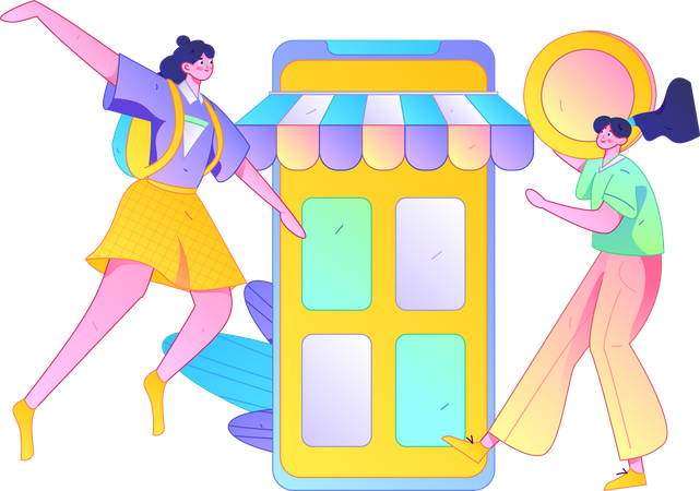 Girls doing digital shopping  Illustration