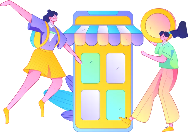 Girls doing digital shopping  Illustration