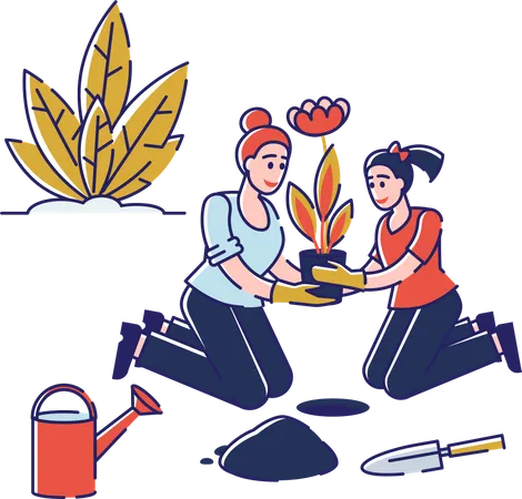 Girls doing gardening together  Illustration