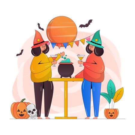 Girls doing Halloween Party  Illustration