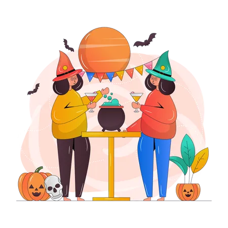 Girls doing Halloween Party  Illustration