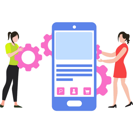 Girls doing mobile settings  Illustration