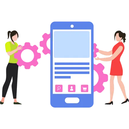 Girls doing mobile settings  Illustration