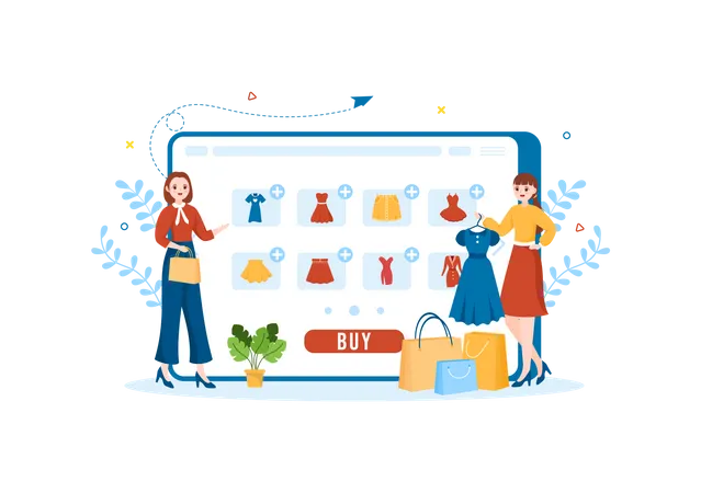 Girls doing online clothes shopping Illustration