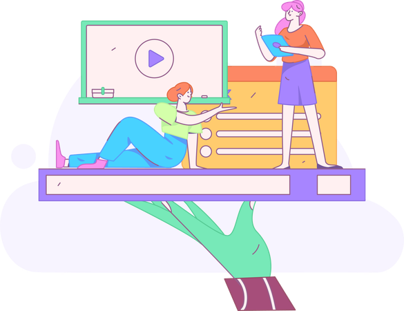 Girls doing online learning  Illustration