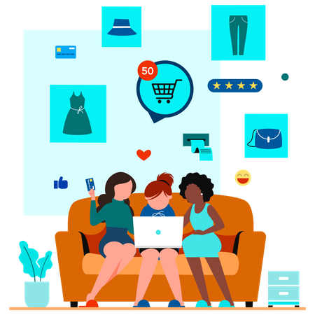 Girls doing online shopping  Illustration