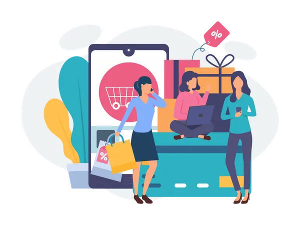 Girls doing online shopping  Illustration